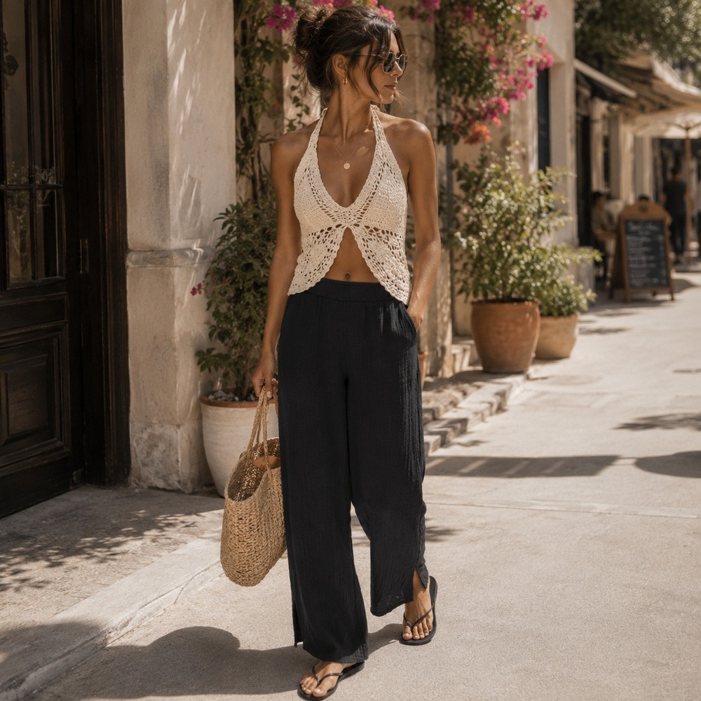 Rails Black Organic Cotton Gauze Pants Elastic Waist Side Slit XL Coastal Resort
